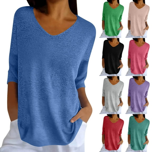 Jewelreauty Elbow Length Knit Tops for Women Casual V Neck Plus Size Tunic Tees Summer Half Sleeve Solid Color Shirts (S, Blue)