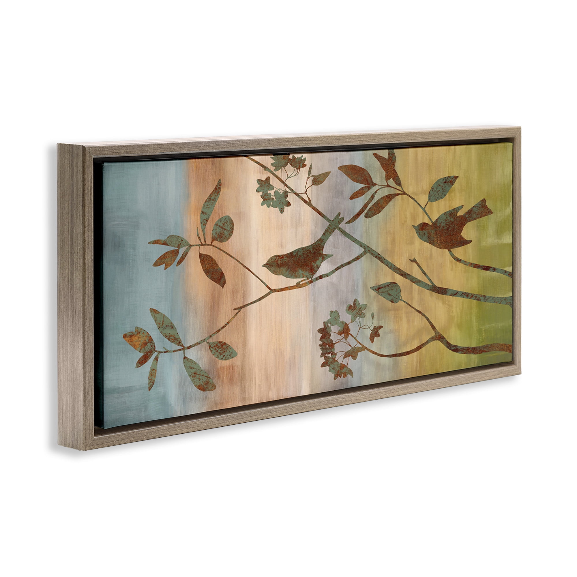 Stupell Industries Collaged Bird Nature Silhouette Botanical & Floral Painting Brown Floater Framed Canvas Art Print Wall Art, 25 x 11