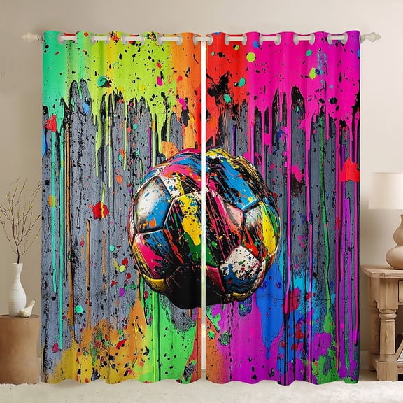 jejeloiu Boy Football Game Black Out Curtains,Soceer Sports Theme Curtains Pack of 2 (42x63 Each),Rainbow Splashing Ink Bedroom Curtains For Girls Boys,Breathable Home Decor
