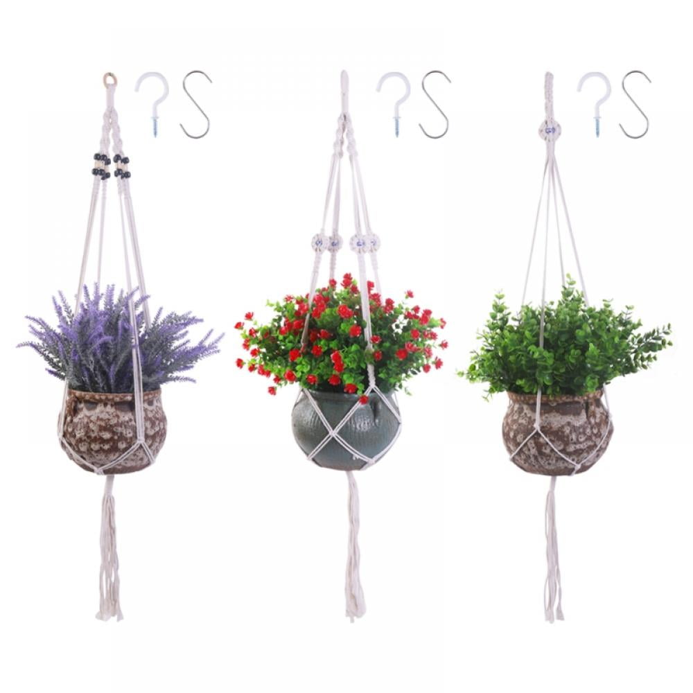 Macrame Style Flower Plant Pot Hanger & Wood Slice Base Hanging Planter Basket 