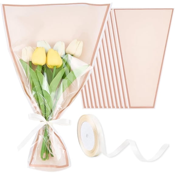 50Pcs Pink Flower Bags for Bouquets Flower Bouquet Wrapping Paper Clear Front Floral Wraps Bouquets Sleeves Ribbon Plastic Packaging Supplies
