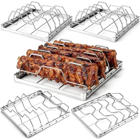 4 Pieces Foldable Rib Rack for Smoking 5 Slots Rib Rack Stainless Steel for Roast Grilling, Fits Large Gas Smoker or Grill Charcoal Smoker Accessories Gifts for Men Father$$Garden & Patio