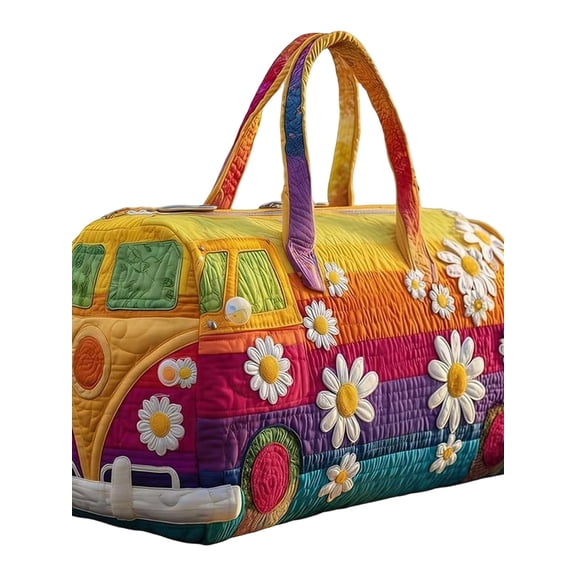 Hippie Van Quilted Duffle Bag With Retro Floral Embroidery And Whimsical Van Design, Boho Retro Style Weekender Travel Bag For Women, Short Trip Carryall Multi-Functional For