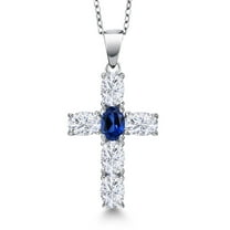 Gem Stone King 925 Sterling Silver White Moissanite and Blue Created Sapphire Cross Pendant Necklace for Women | 3.10 Cttw | Gemstone Birthstone | Oval 6X4MM | With 18 inch Chain