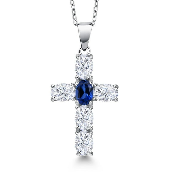 Gem Stone King 925 Sterling Silver White Moissanite and Blue Created Sapphire Cross Pendant Necklace for Women | 3.10 Cttw | Gemstone Birthstone | Oval 6X4MM | With 18 inch Chain