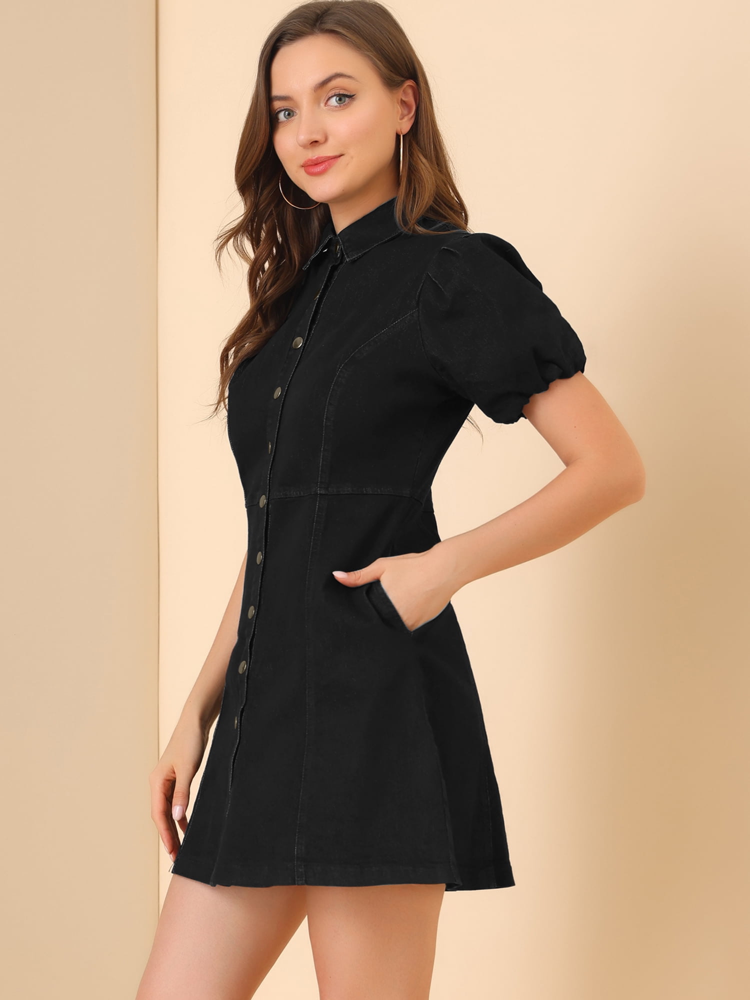 DARING DIVA Puff Short Sleeve Button Front Mini Jean Denim Dress 3XL Black
