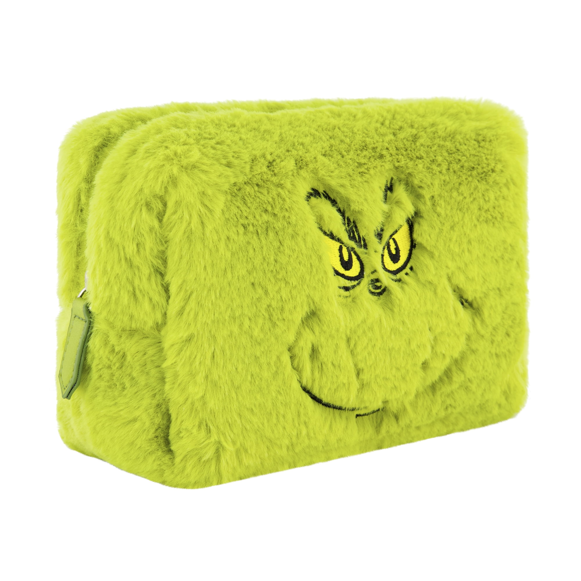 Dr. Seuss The Grinch Women's Makeup Bag, Small Soft Plush Travel Cosmetic Zipper Pouch Organizer, Green
