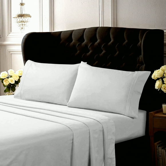 Luxury Percale Cotton Bed Sheet Set - Crisp & Smooth Solid Sheets, 350 Thread Count, Extra Deep Pocket, 4-Piece White Bedding Kit
