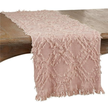 

SARO 16 x 72 in. Oblong Waffle Weave Table Runner with Rose Fringe Design