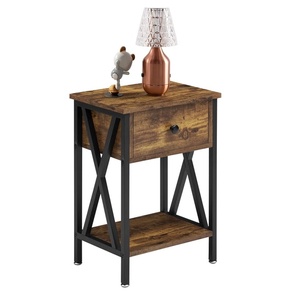 Nightstand, Modern Bedside End Tables, Night Stand With Drawer And Storage Shelf For Living Room Bedroom, Industrial Metal Frame, Antique Brown, 1-Pack