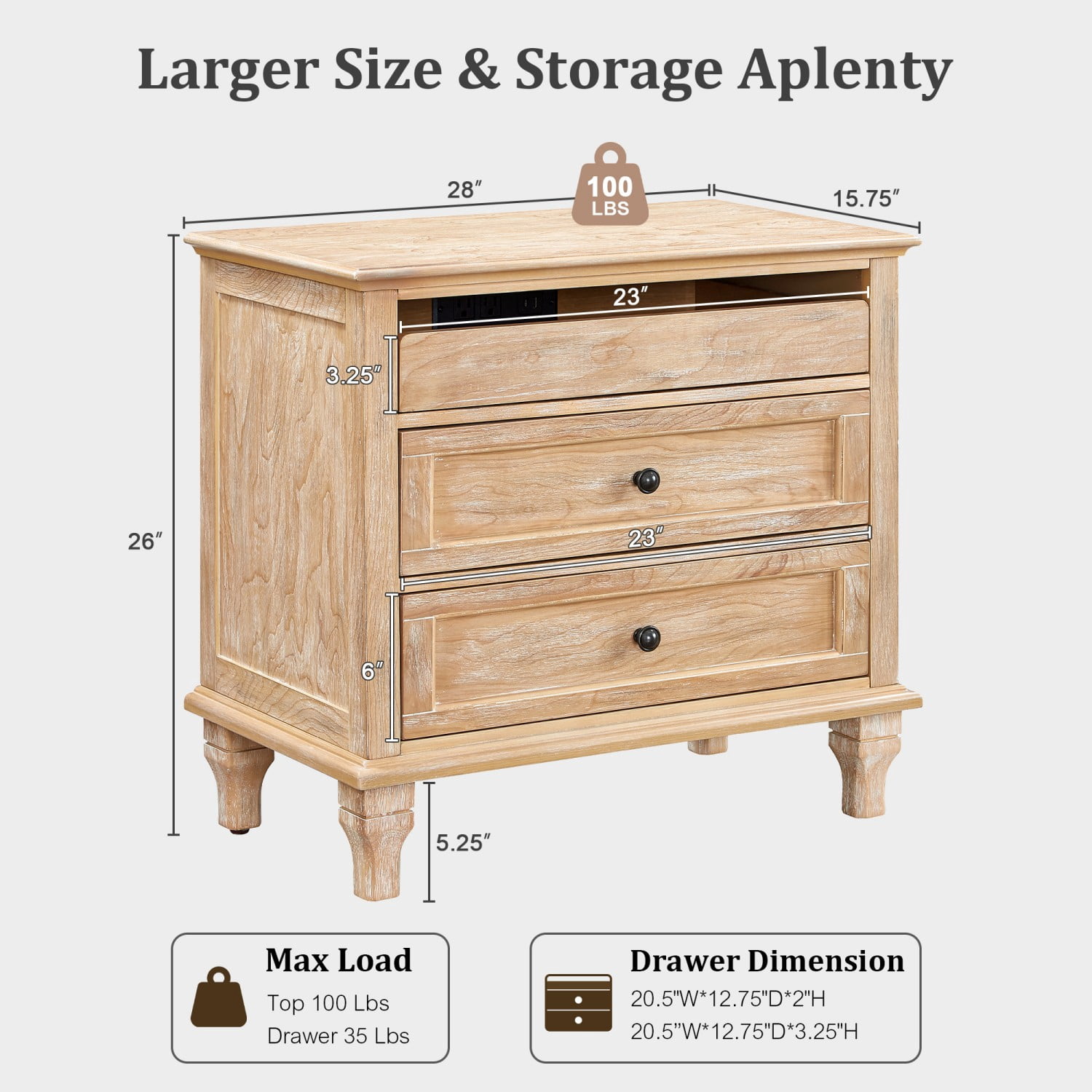 28" Wood Nightstand with Charging Station, Farmhouse Bedside Table with 3 Drawers, USB & Type-C Ports, Solid Wood Legs Storage End Table for Bedroom Living Room Office, Natural