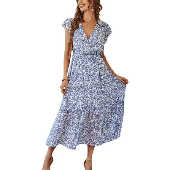 Liacowi Women Floral Midi Dress Short Sleeve Wrap V-Neck Tie Waist A-line Summer Beach Bohemian Swing Sun Dress
