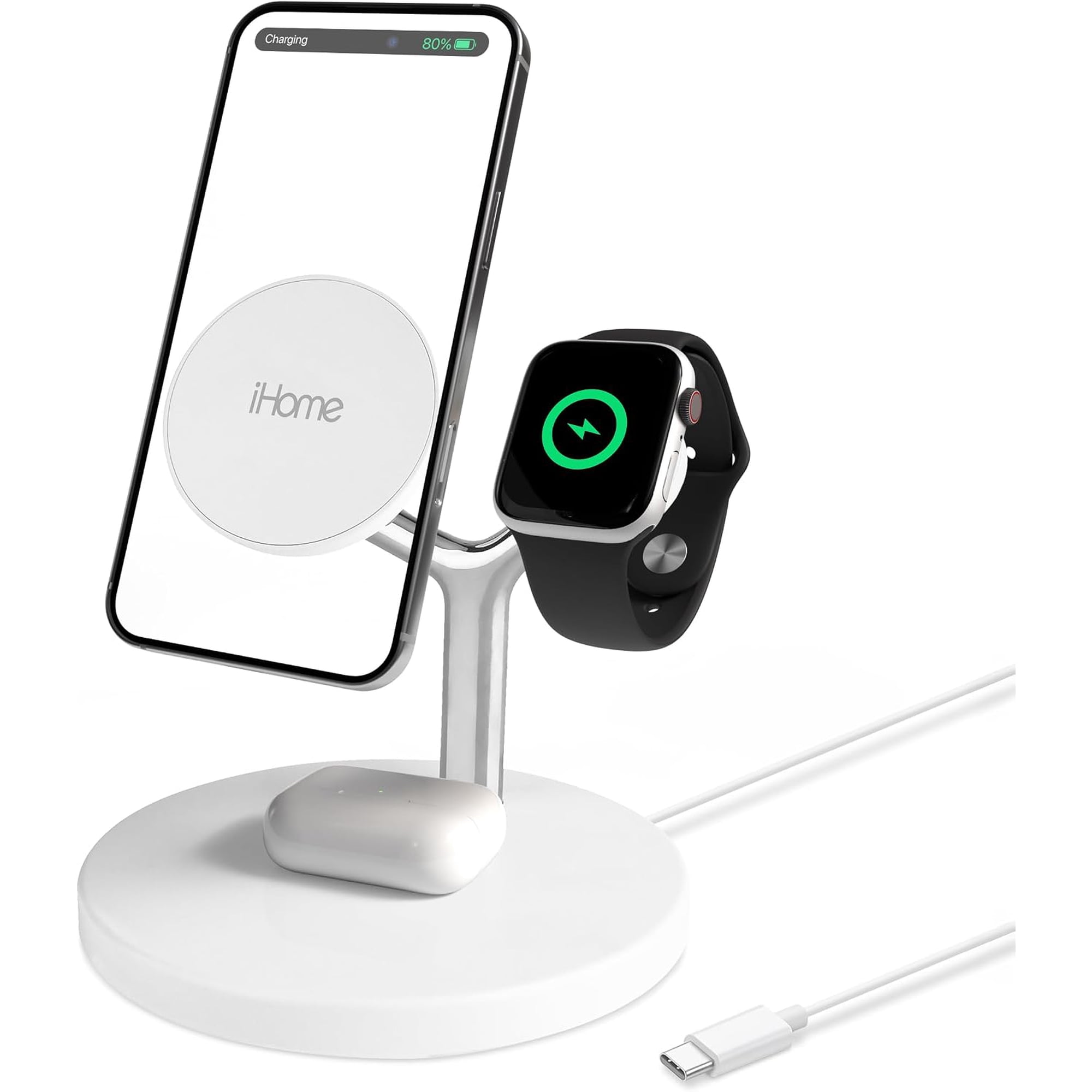 iHome 4-in-1 Magnetic Charging Stand  15W Wireless Charger for iPhone  Apple Watch & AirPods