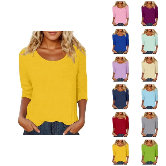 3/4 Length Sleeve Womens Tops Spring Summer Casual Scoop Neck Basic Plain T Shirts Blouse