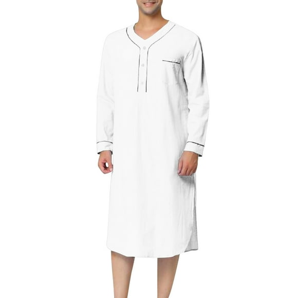 Faithtur Men's Nightshirt Sleepwear Casual Long-Sleeve V Neck Henley Sleep Shirt Loungewear with Pocket