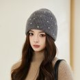thumbnail image 3 of Kripyery Fall Winter Women Beanie Thickened Knitted Rhinestone Decor Soft Warm Elastic No Brim Solid Color Anti-slip Windproof Lady Dome Cap, 3 of 8