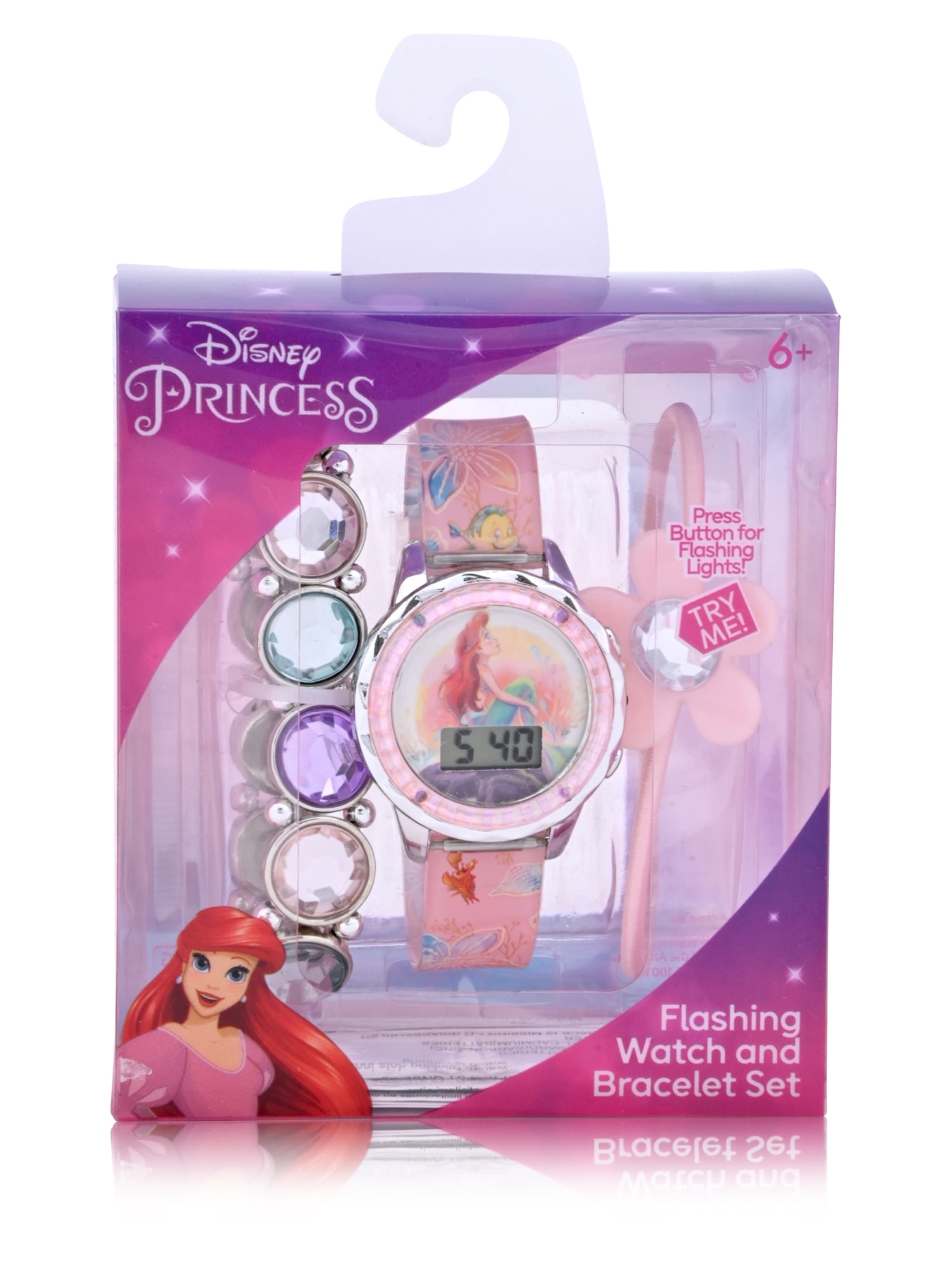 Disney Princess Ariel Girls Flashing LCD Pink Ombre Silicone Watch, Bracelet and Hair Accessory 3 Piece Set
