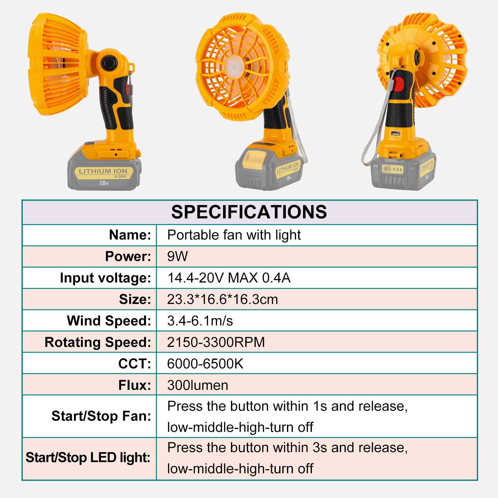 Outdoor Portable Camping Fan with Light,for Tent Hiking Fishing Travel, 3 Modes Brightness and Wind Speed, Powered by Dewalt 18V/20V Li-ion Battery BCD606 DCB205 DCB609 DCB204etc.