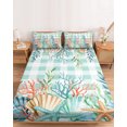 thumbnail image 2 of Queen Size Fitted Sheet Set - Summer Coastal 3 Piece Bedding Sets 16" Deep Pocket Fitted Sheet with 2 Pillowcases, Watercolor Corals Shells Starfish Green Plaid Brushed Microfiber Hotel Bed Sheets, 2 of 9