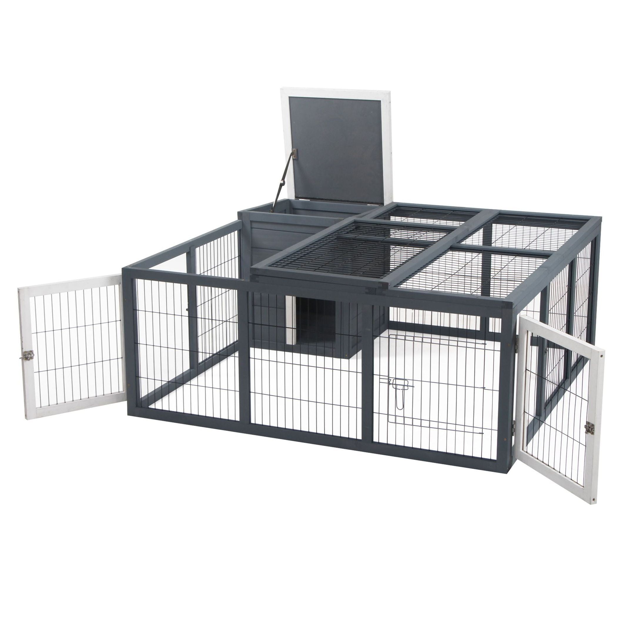 Bunny Hutch Rabbit Cage with Openable Main House, Durable Waterproof Pet House for Rabbits Guinea Pigs, Three Ventilation Doors Design, Gray