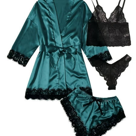 

Women‘s 4 Pieces Comfortable Satin Floral Lace Cami Top Lingerie Pajama Set With Robe For Valentine‘s Gifts