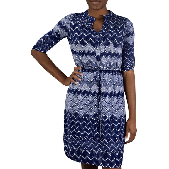 Peach Couture Women’s Elegant Soft Striped Button V Neck Shift Dress 3/4 Sleeves (Large, Cheveron Blue)