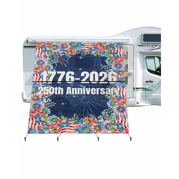 4th of July RV Awning Sun Shade Screen 9'X7' 250th Anniversary Mesh Sunscreen Patriotic Stars Stripes Fireworks Awning Shade Screen with Zipper UV Blocker Completed Kits for RV Motorhome Camper