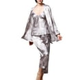 thumbnail image 2 of Previn Women's 3 Piece Pajamas Set Long Sleeve Robe Long Pants Satin Pj Set Summer Sleepwear Silky Cami Long Sleep Comfy Sleepwear Grey X-Large, 2 of 4