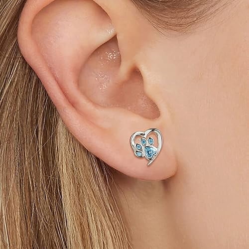 Divine Creation 1.25 Ct Heart Cut Blue Topaz Dog Paw Push Back Stud Earrings 14K White Gold Plated For Womens 925 Sterling Silver