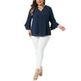thumbnail image 2 of Blusas de talla grande Agnes Orinda para mujeres, elegantes, con mangas de campana 3/4, blusas de chiffon de doble capa, camisetas de trabajo 1X en azul marino, 2 of 6