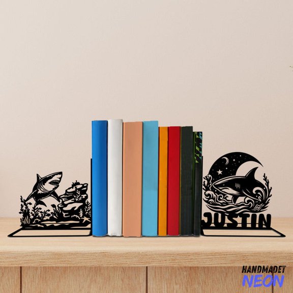 Handmadetneonsign Shark Metal Bookends, Shark Moon Name Bookend, Sea Animal Table Bookshelf Decor 78387
