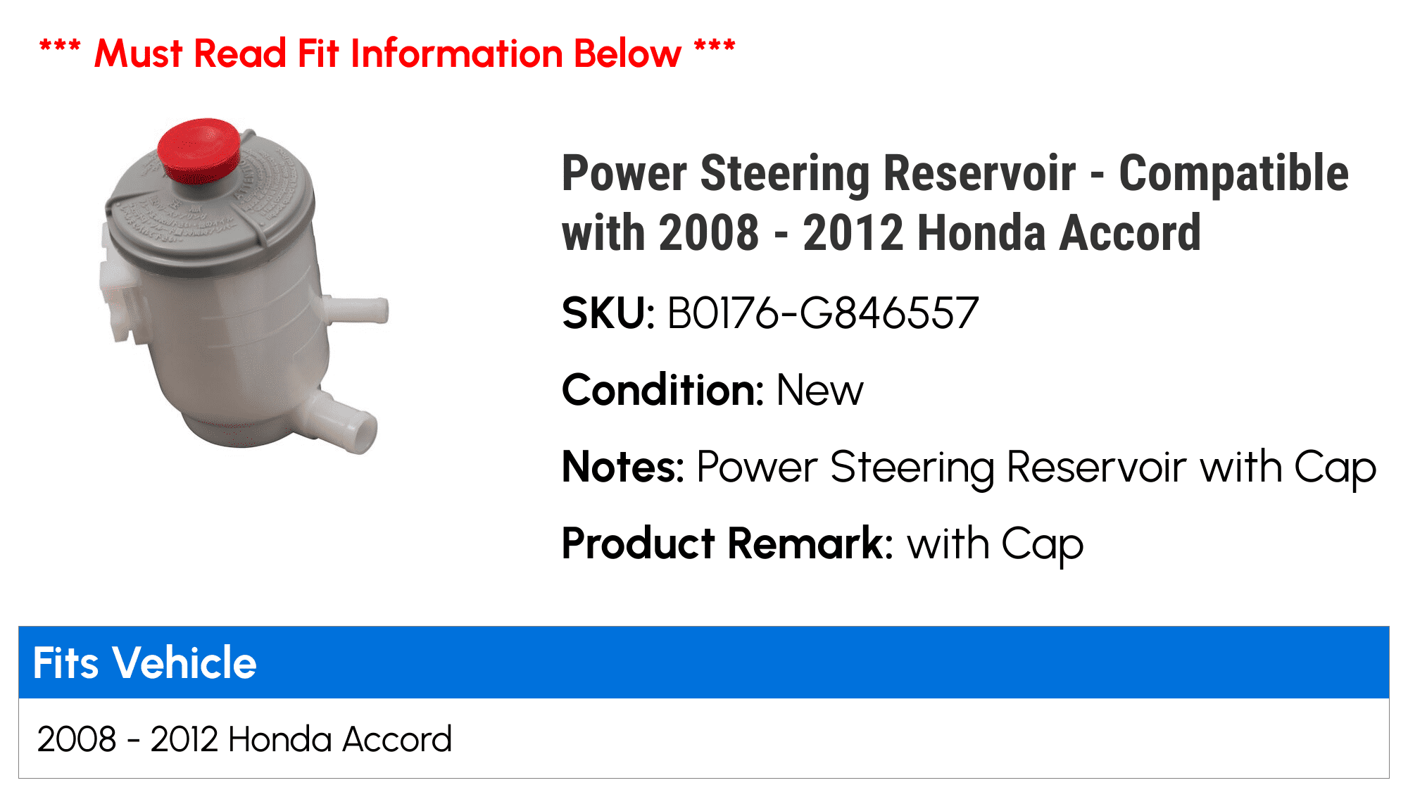 Power Steering Reservoir - Compatible with 2008 - 2012 Honda Accord 2009 2010 2011