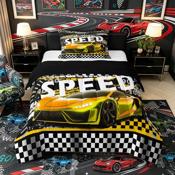 Castle Fairy Vibrant Racing Sports Car Twin Comforter Sets 3-Piece for Kids, Bold Speedometer Checkered Bedding Set for Bedroom, Yellow Black White,Black Reversible