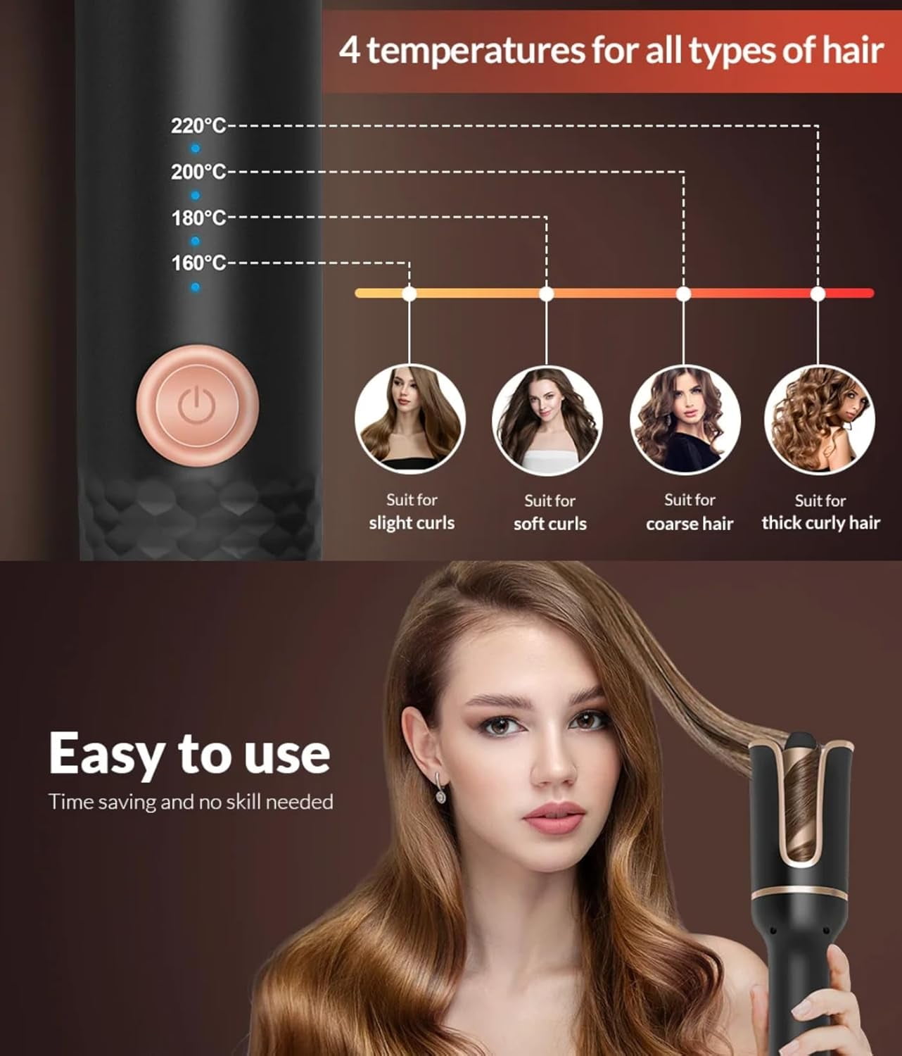 Automatic Curling Iron, Taotique Professional Auto Hair Curler with 4 Temperature, Shut-Off, Anti-Scald, Anti-Tangle Rotating Curling Wand for Hair Styling