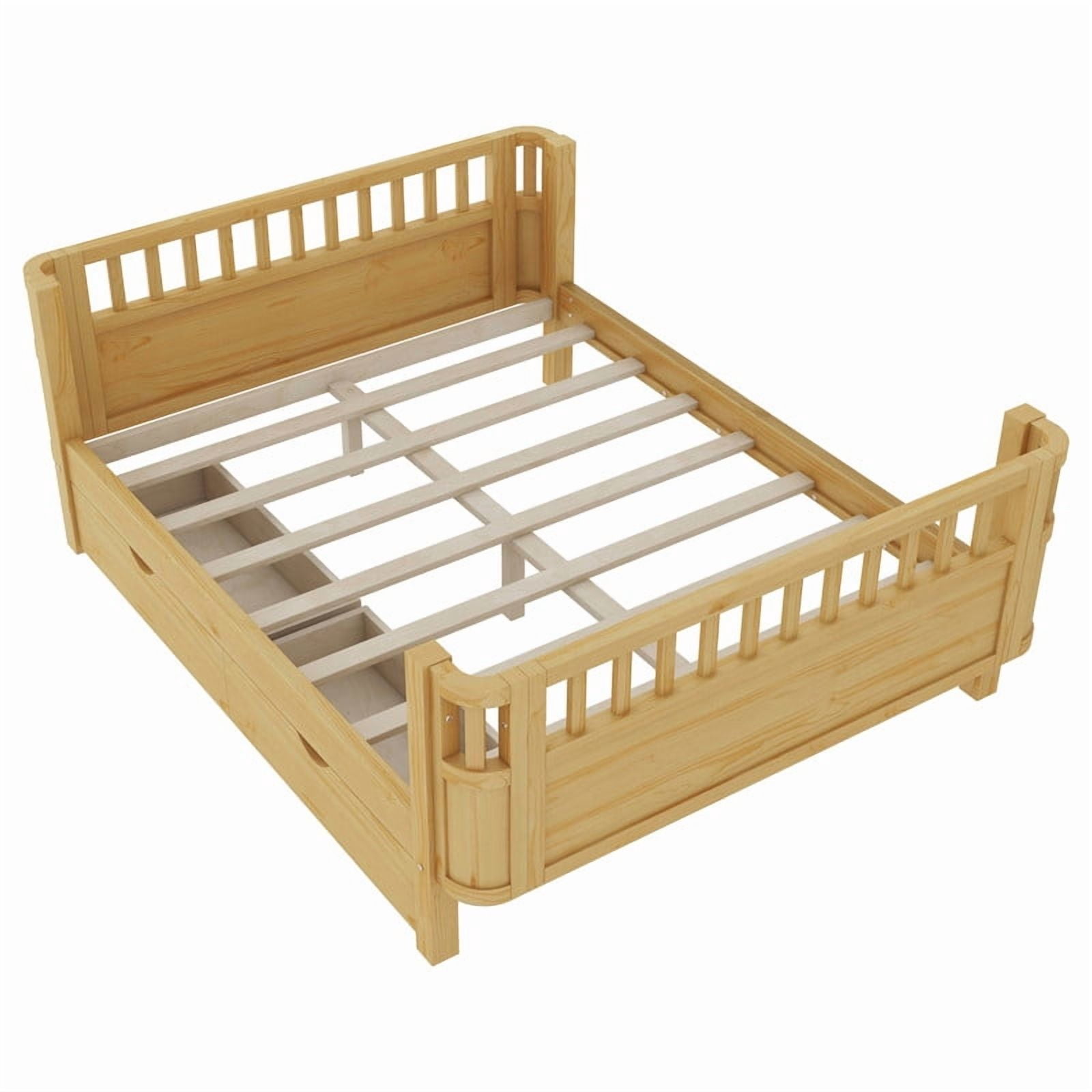Full Size Bed Frame with Rails, Wood Montessori Bed Full with 2 Storage Drawers &Slats Support, Modern Daybed with Removable Bed Rails for Bedroom Living Room, Natural