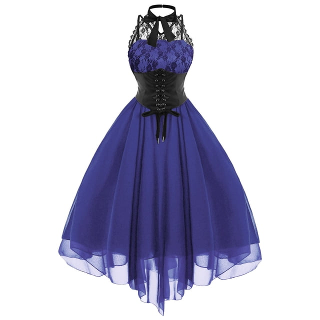Robes Gothiques pour Femmes Sans Manches Dos Nu en Dentelle Robe Vintage Cocktail Formelle Punk Midi avec Corset