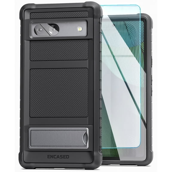 Encased Falcon Designed for Google Pixel 7a Case with Kickstand and Tempered Glass Screen Protector, Full Body Protective Phone Case with Metal Stand (Black)