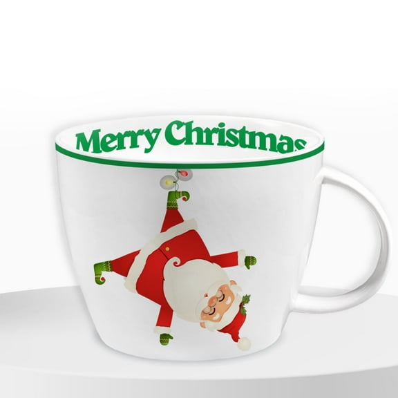 Merry Christmas Coffee Mug Huge Novelty Cup Funny Ceramic Soup Bowl with Handle, 30 oz Wide, Multi-purpose, Santa Mug for Co-workers, Friends, Holiday Decor, White Green Letters