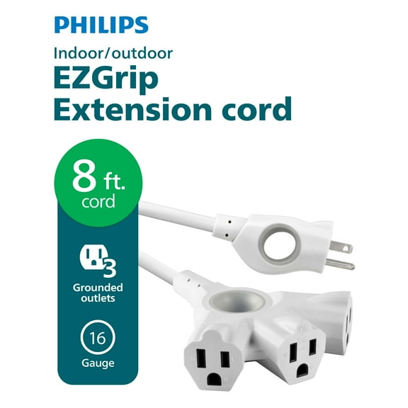 Philips EZGrip 8FT White Extension Cord 3 Prong with Multiple Outlets Outdoor Indoor 16AWG