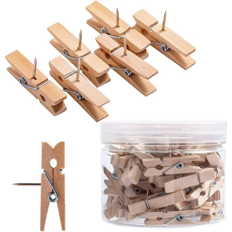 Push Pin Clips for Cork Board, 50 Pcs Wooden Paper Small, Brown