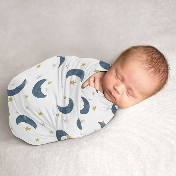 Sweet Jojo Designs Moon and Star Boy or Girl Swaddle Blanket Jersey Stretch Knit for Newborn or Infant Receiving Security - Navy Blue and Gold Waterco