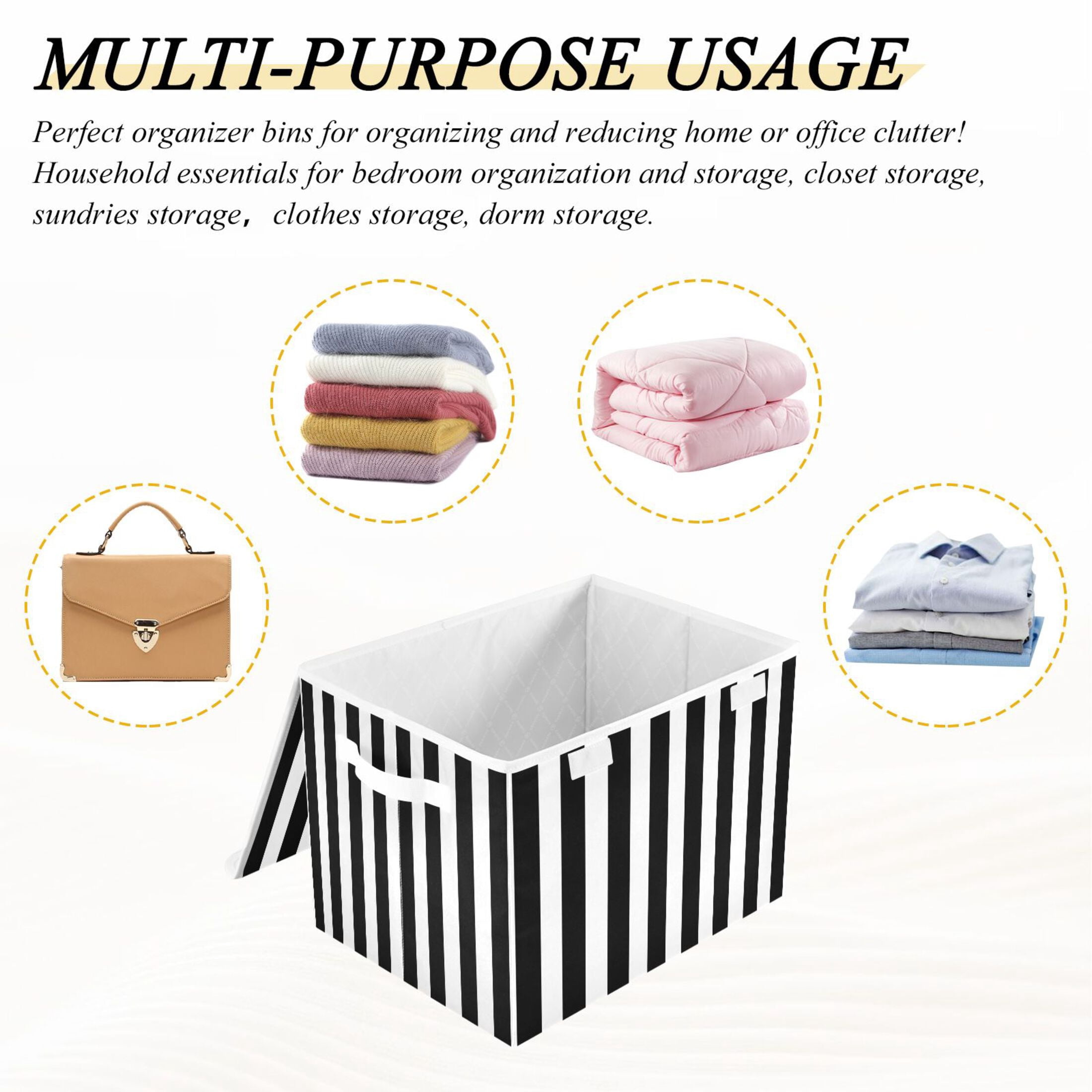 Ryvnso White and Black Stripe Pattern Large Lidded Foldable Storage Baskets Cubes Boxes Lids Bin for Home