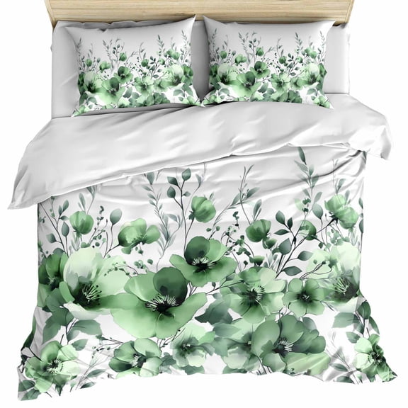 Green Blooms Floral Bedding 3 Piece Duvet Cover Set California King, Farmhouse Spring Flowers Botanical Microfiber Comforter Cover with Zipper Closure & Pillowcases, FadeResistant Quilt Cover