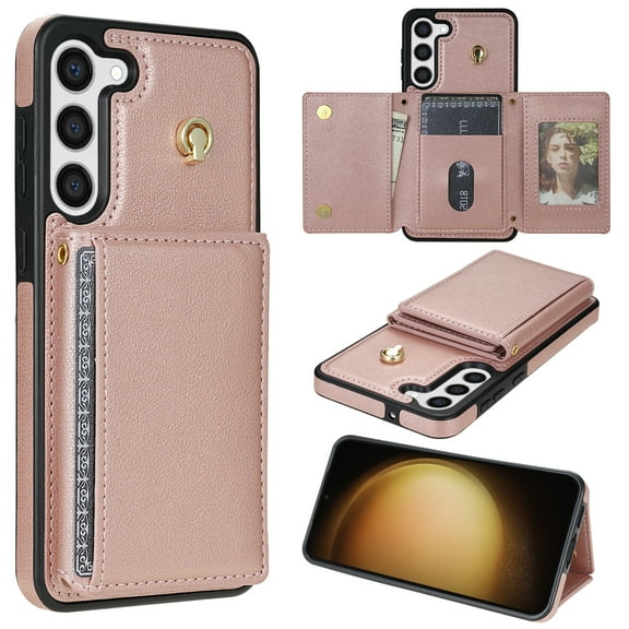 Wallet Case for Samsung Galaxy S22 Crossbody with Card Holder Shoulder Strap, Magnetic Flip Folio Purse Case Kickstand PU Leather Shockproof Protective Cover for Samsung Galaxy S22, Rosegold
