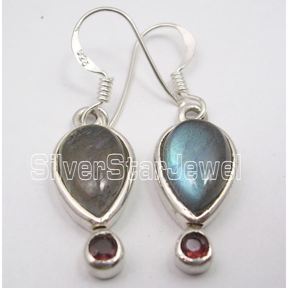 SilverStarJewel 925 Silver Labradorite & Garnet Earrings 1.5" Hot Selling Art Jewelry