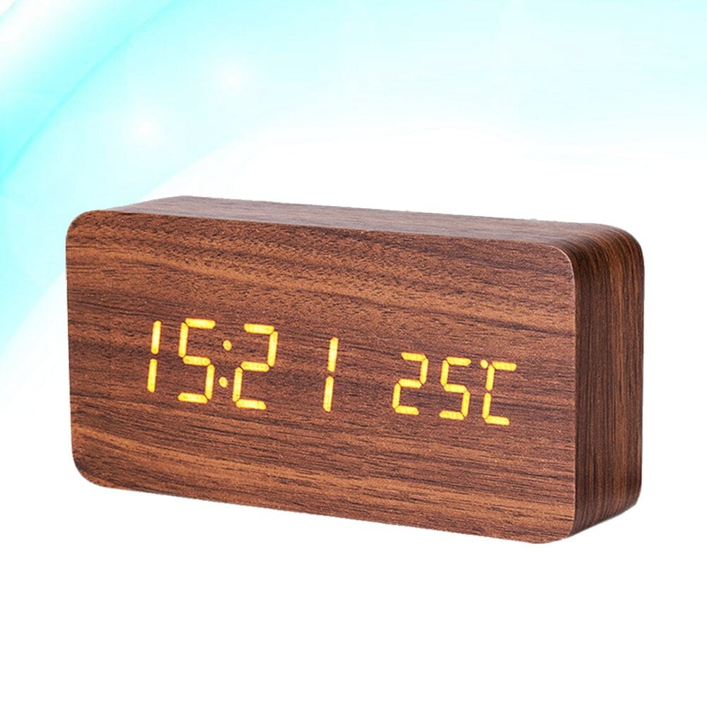 EXHUMKY Wooden LED Digital Alarm Clock with Voice Control, Modern Desk Clock for Bedroom, Home Office, Nightstand, Decor