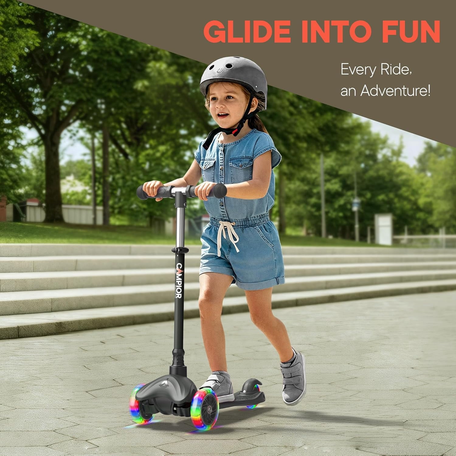 Black Mini 3 Wheel Scooter for Kids – Lean-to-Steer Kick Scooter with LED Light-Up Wheels, Adjustable Handlebar, Wide Anti-Slip Deck, Smooth PU Wheels, Rear Foot Brake – Suitable for Ages 2+