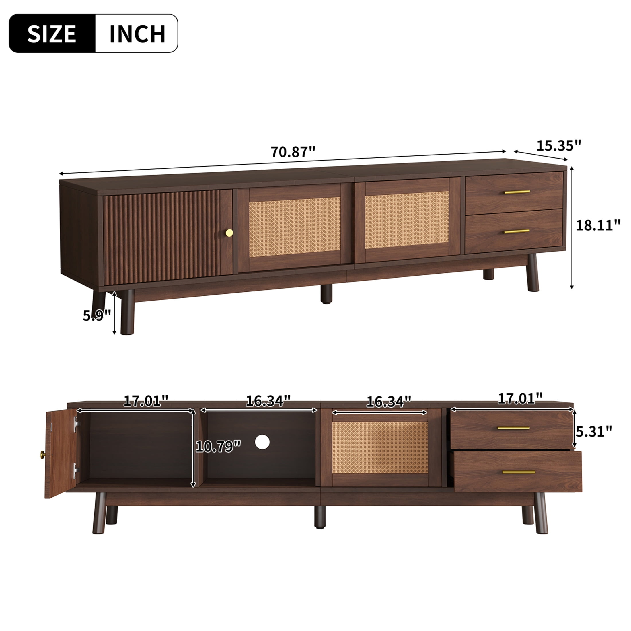 Noble House Mid Century TV Stand for TVs up to 80", Storage Cabinets and Drawers, Dark Brown