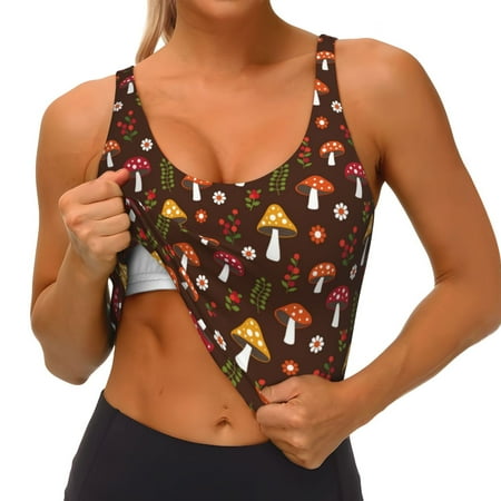 Qokaie Woodland Mushroom with Flowers and Berries Pattern Womens Scoop Neck Sports Bra Breathable Workout Vest Padded U Back Medium Impact Fitness Gym Yoga Bra Workout Crop Top