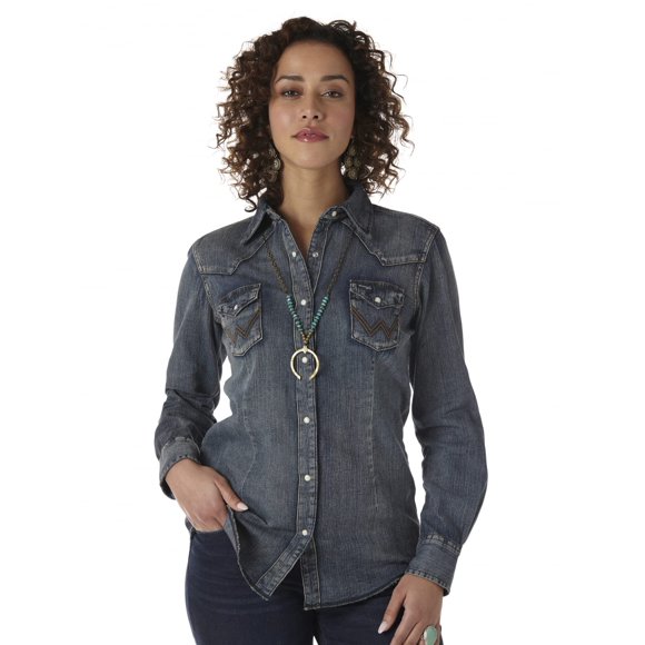 Wrangler Women's Long Sleeve Western Yoke Snap Work Shirt, Denim, S